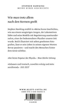 Ein Text beschreibt Stephen Hawkings Werdegang. Rezensionen von *Neue Zürcher Zeitung* und *DIE ZEIT* loben das Buch.
