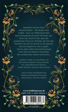 Rückseite eines Buches mit einem Text über eine düstere Hexengeschichte. Verzierte Rahmen mit Blumen und Krallen.