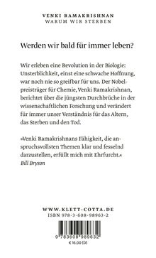 Titel: "Warum wir sterben". Text diskutiert Unsterblichkeit und Forschung. Zitat von Bill Bryson lobt fesselnde Darstellung.