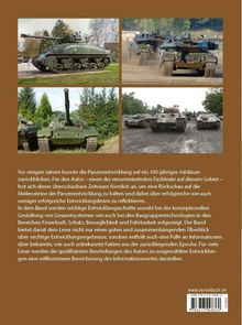 Text über Panzerentwicklung; Sammlung von Meilensteinen; Bilder von Panzern auf freiem Feld; Hintergrund mit Bäumen.