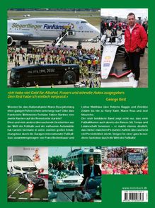 Texte: Zitat von George Best und Buchbeschreibung.  
Fotos: Flugzeug "Siegerflieger", Bus, Auto, Menschenmengen.