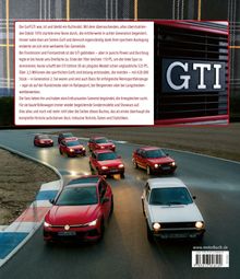 Textüberlegung zum Golf GTI und dessen Geschichte. Darunter fahren verschiedene Modelle des Golf GTI auf einer Rennstrecke.