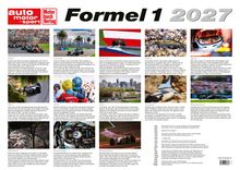"Formel 1 2027" in großen Lettern, darunter monatliche Beschreibungen und Fotos von Rennszenen und Fahrern. Links oben zwei Logos.