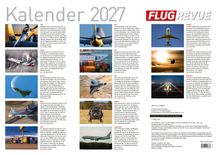 Titel: "Kalender 2027". Logo: "FLUG REVUE". Texte zu verschiedenen Flugzeugen und Ereignissen von Januar bis Dezember, begleitet von Flugzeugbildern.