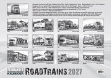 FERNFAHRER KALENDER ROADTRAINS 2027. Schwarz-weiße Fotos von LKWs, jedes Bild repräsentiert einen Monat.