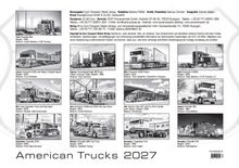 "American Trucks 2027" mit Monatsübersicht von Januar bis Dezember; zeigt verschiedene LKW-Modelle und deren Besitzer.