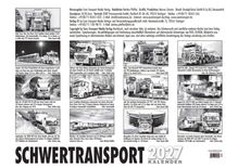 Schwertransport 2027 Kalender. Links Details über verschiedene Schwertransporte. Rechts Kontaktdaten des Herausgebers.
