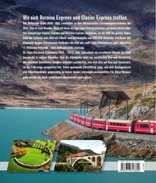 Text beschreibt die Rhätische Bahn, famous für Bernina und Glacier Express, mit Berglandschaft und rotem Zug am Seeufer.
