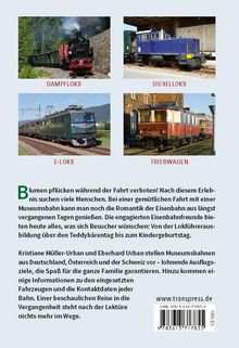 Texte: "DAMPFLOKS", "DIESELLOKS", "E-LOKS", "TRIEBWAGEN". 

Vier Zugbilder: Dampflokomotive, Diesellok, Elektrolok, Triebwagen. 

Darunter ein Paragraf über Museumsbahnen.