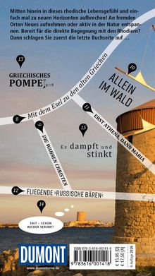 Texte: "ALLES IM WALD", "GRIECHISCHES POMPEJI", "Es dampft und stinkt", "Mit dem Esel zu den alten Griechen", "Erst Athena, dann Maria", "Die wahren Christen", "Fliegende ›russische Bären‹", "SHIT – SCHON WIEDER VERIRRT!", "DUMONT". Hintergrund: Küstenlandschaft mit Turm.