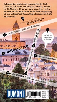 Texte: "WELTREISE?", "authentisch", "WEISS, WEISS, WEISS sind alle", "Wer findet das Chamäleon im Kiefernhain?".  
Im Hintergrund Gebäude und Bäume.