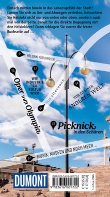 Texte: "Einfach mitten hinein in das Lebensgefühl der Stadt!..."; "Helsinki für Hipster"; "Picknick in den Schären"; "Wie Industrie zu Kultur wird". Illustrierter Stadtplan im Hintergrund, blauer Himmel.