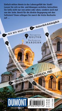 Verschiedene Texte über Straßen auf einem Stadtplan, gefolgt von einem Foto einer Kirche mit grünen Kuppeln im Sonnenuntergang.