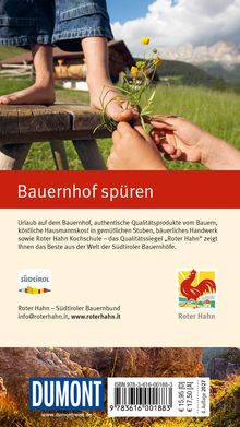 "Bauernhof spüren. Urlaub auf dem Bauernhof... Roter Hahn – Südtiroler Bauernbund. Füße auf Holzbank, Blumenstrauß."