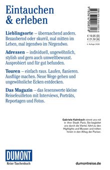 Ein Buchcover beschreibt Erlebnistipps für Lieblingsorte, Adressen und Touren. Gabriele Kalmbach erkundet Paris. Dumont-Logo.