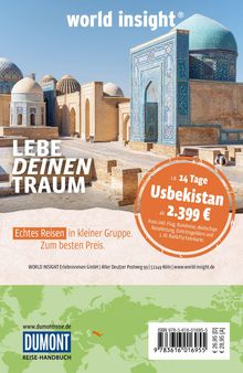 "world insight", "Lebe deinen Traum", Usbekistan 14 Tage ab 2.399 €, "Echtes Reisen in kleiner Gruppe." Orientalische Architektur.