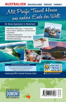 "Mit Pacific Travel House ans andere Ende der Welt" steht auf türkisfarbenem Hintergrund, umgeben von Reisefotos.