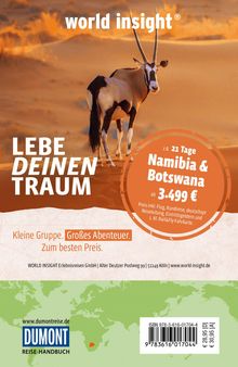 Oben: "world insight". Mittig: "LEBE DEINEN TRAUM". Unten: Namibia, Landschaft mit Oryx. Dumont Logo und grüne Weltkarte.