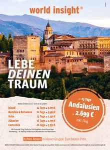 "Lebe deinen Traum" über einer historischen Festung und Bergen. Angebote für Erlebnisreisen, z.B. Andalusien ab 2.699 €.