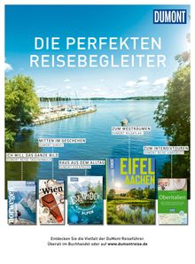 "Die perfekten Reisebegleiter" steht vor einem See mit Booten. Verschiedene Dumont-Reiseführer werden unten dargestellt.