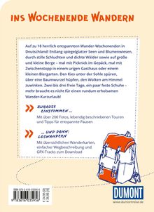 Titel: "Ins Wochenende Wandern". Text beschreibt entspannte Wanderungen in Deutschland mit Tipps und Karten. Illustration eines Rucksacks.