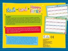 Stadt Land Happy Family. Anleitung für ein Spiel, das auf einem Block gespielt wird, mit Regeln in gelben und grünen Boxen.