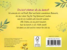 "Du bist stärker als du denkst!" Botschaft umgeben von stilisierten, floralen Motiven auf gelbem Hintergrund.