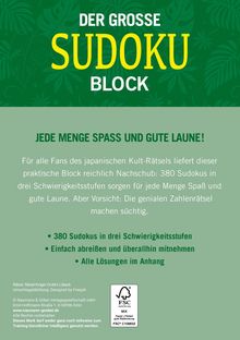 "Der große Sudoku Block" mit 380 Rätseln. "Jede Menge Spaß und gute Laune!" in drei Schwierigkeitsstufen. Grüne Hintergrundillustration.