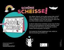 Aufdruck: "Schöne Scheisse!" und "Hohlbirne" in einem Malbuchstil. Dazu bunte Illustrationen mit Regenbogen und Katze.
