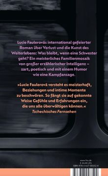 Text in Rosa beschreibt einen international gefeierten Roman von Lucie Faulerová, der Verlust, Familie und Humor thematisiert. Undurchsichtige Scheiben im Hintergrund.