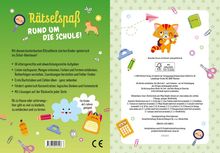 "Rätselspaß rund um die Schule!" Bunte Illustrationen mit Stiften, Schere, süßem Fuchs und kindgerechten Motiven.