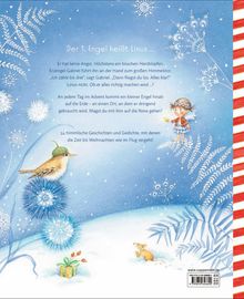 Der Text erzählt von Linus, einem Engel auf Erden im Advent. Illustration mit Engelkind, Vogel mit Mütze und Geschenken im Schnee.