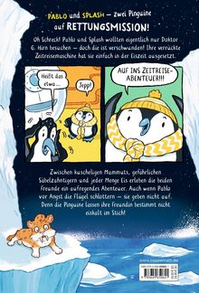 Comic-Stil, zwei Pinguine auf Zeitreise-Abenteuer, treffen Mammuts und Säbelzahntiger auf Eisberg. Rechts ein wilder Säbelzahntiger.