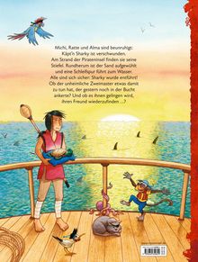 Käpt’n Sharky ist verschwunden. Pirateninsel, Stiefel, Schleifspur, Wasser. Zweimaster? Freund finden? Bunte Figuren auf Deck.