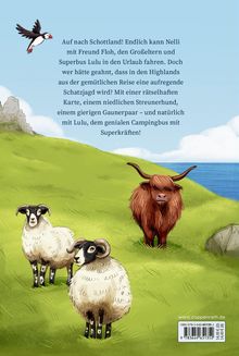 Text über Abenteuer in den Highlands mit Nelli, Floh, Lulu und einem Schatz. Illustration: Schafe, Highland-Rind, Küste.