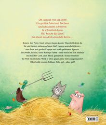 Texte: Ein Paket mit Löchern schnattert. Ente Bente stört Ronny, das Pony. Wird er ersetzt? Illustration: Tiere um einen Heuballen.
