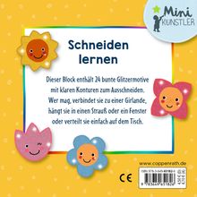 "Schneiden lernen. Dieser Block enthält 24 bunte Glitzermotive zum Ausschneiden." Bunte Blumen mit Gesichtern.