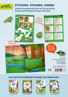 Texte: "Stickern, Staunen, Wissen", "Oberjura, Fleischfresser". Illustration: Dinosaurier, Sticker, Natur.