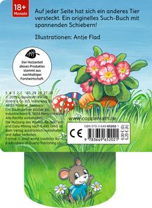 Text: "Auf jeder Seite hat sich ein anderes Tier versteckt. Ein originelles Such-Buch mit spannenden Schiebern!"  
Illustration: Blumen, bunte Pilze und eine Maus im Gras.