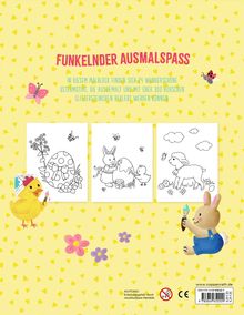 FUNKELNDER AUSMALSPASS: Malblock mit 24 Ostermotiven. Illustration mit Küken, Blumen und Hasen.