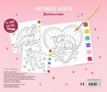 Texte: AQUARELL-GLÜCK, Drachenzauber, MIT FARBEN UND PINSEL. Drei Drachenzeichnungen mit Farbpalette und Pinsel.