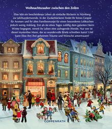 "Weihnachtszauber zwischen den Zeilen." Menschen in einem winterlichen Straßenszene mit festlich dekorierten Häusern und Geschäften.