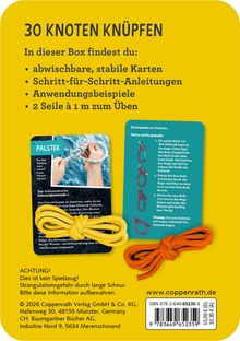 "30 KNOTEN KNÜPFEN. In dieser Box findest du Karten, Anleitungen, Anwendungsbeispiele, 2 Seile à 1 m zum Üben." Zwei Karten und Seile.