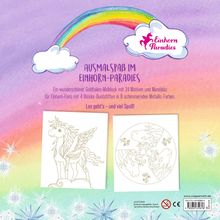 Logo "Einhorn Paradies" mit Regenbogen. Zwei Ausmalbilder von Einhörnern vor farbigem Hintergrund mit Sternen.
