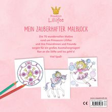 "Prinzessin Lillifee: Mein zauberhafter Malblock. 70 Motive für Ausmalspaß. Ran an die Stifte und los geht's! Viel Spaß!" Drei bunte Illustrationen mit Prinzessinnenmotiven und zwei Buntstifte.