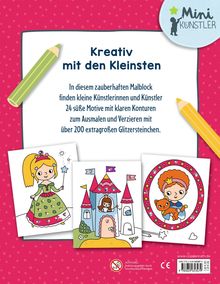 "Kreativ mit den Kleinsten" steht über drei kinderfreundlichen Malvorlagen: Prinzessin, Schloss, Kind mit Kuscheltier.