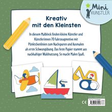 "Kreativ mit den Kleinsten. 70 Fahrzeugmotive mit Punktlinien. Papier aus nachhaltiger Waldnutzung." Illustration mit zwei Buntstiften und kindlichen Zeichnungen.