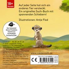 Auf gelbem Hintergrund steht: "18+ Monate" und "Auf jeder Seite hat sich ein anderes Tier versteckt." Ein Erdmännchen ist abgebildet.