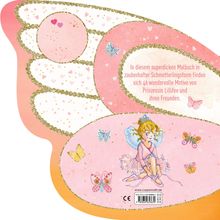 Text auf einem rosa Hintergrund: "In diesem superdicken Malbuch in zauberhafter Schmetterlingsform finden sich 46 wundervolle Motive von Prinzessin Lillifee und ihren Freunden." Illustration eines Mädchens mit Flügeln, umgeben von Schmetterlingen.