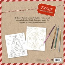 "FROHE WEIHNACHTEN!" und eine Beschreibung von Malblöcken mit Waldtier-Motiven. Fünf Buntstifte und zwei Ausmalbilder.